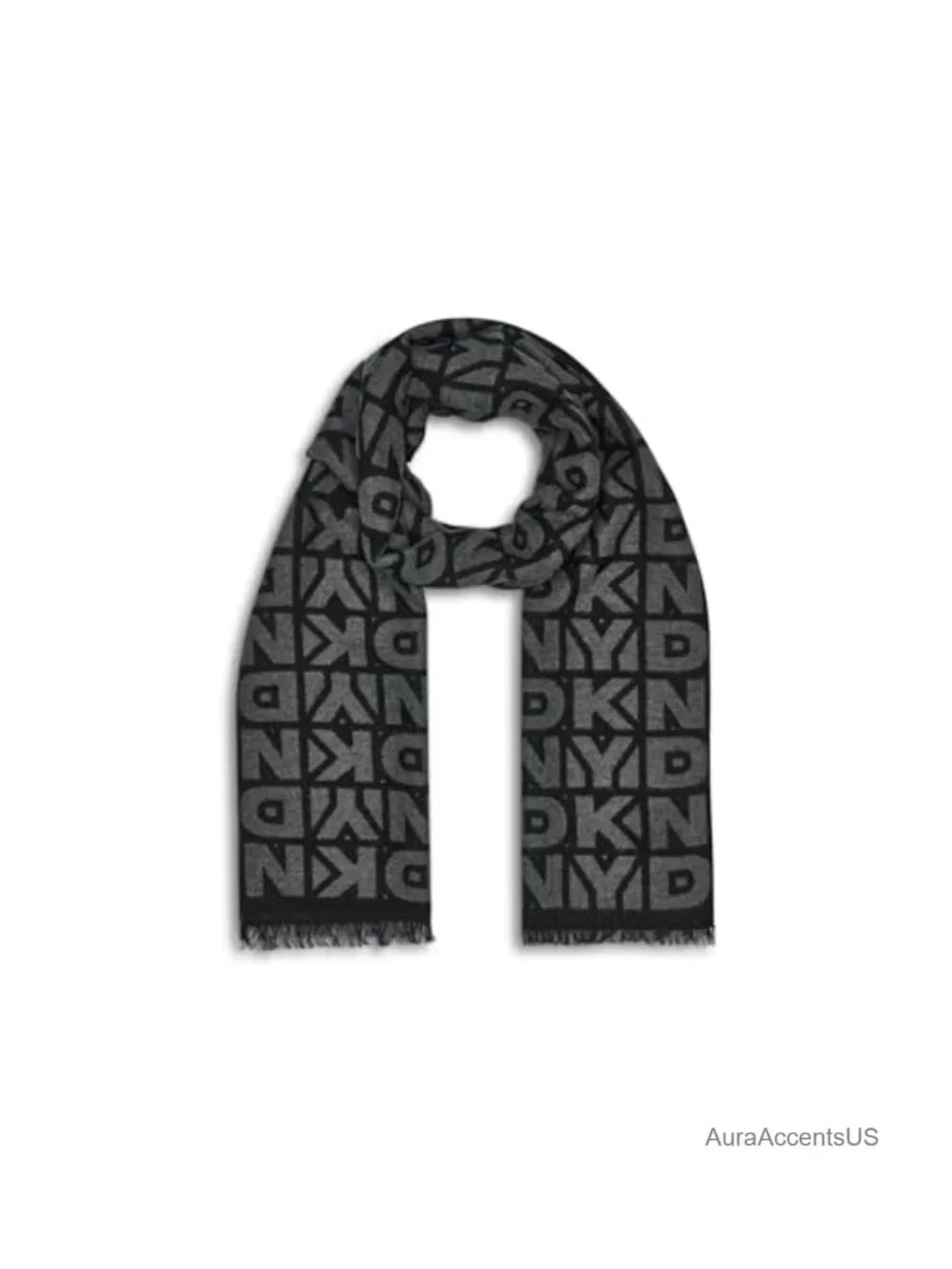 DKNY Block Logo Jacquard Scarf Eyelash Fringe 100% Viscose